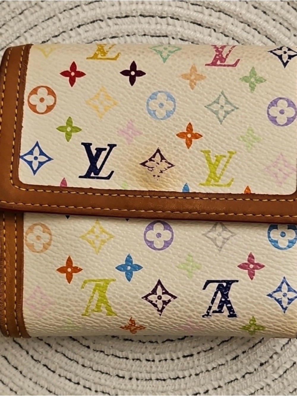 Louis Vuitton Multicolor Monogram White Canvas Wallet with Brown Trim